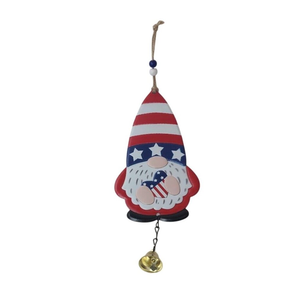 Patriotic Gnome Metal Hanging Decor with Bell Red White Blue USA Design